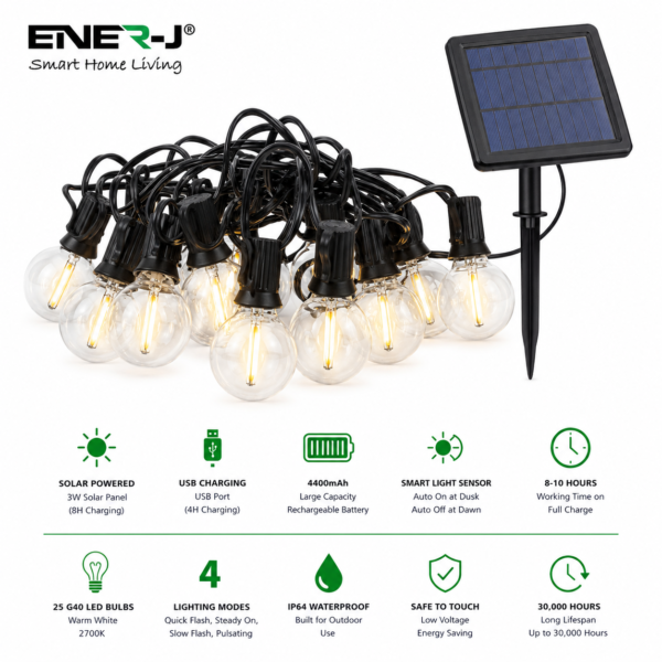 ENER-J Solar String Lights for Garden — 7.6m, 25 G40 LED Filament Bulbs, 4400mAh, Solar + USB, IP64