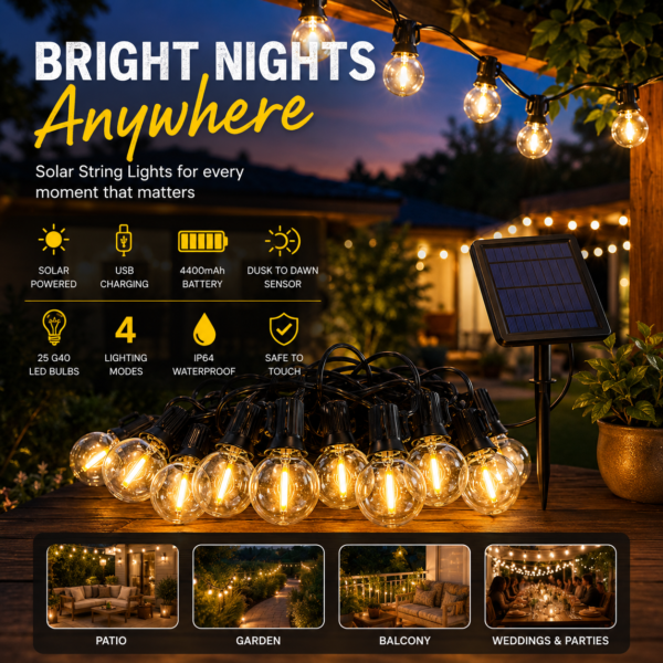 ENER-J Solar String Lights for Garden — 7.6m, 25 G40 LED Filament Bulbs, 4400mAh, Solar + USB, IP64