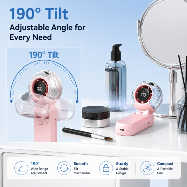 ENER-J KW60 Portable Handheld Fan with Mist Spray — 4000mAh, 5-Speed, 190° Tilt, Pink
