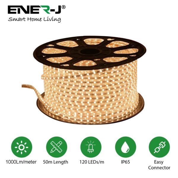 ENER-J LumiFlex Pro LED Rope Light — Warm White, 50M Roll, 120 LEDs/m, 1000 lm/m, IP65, No Driver Required