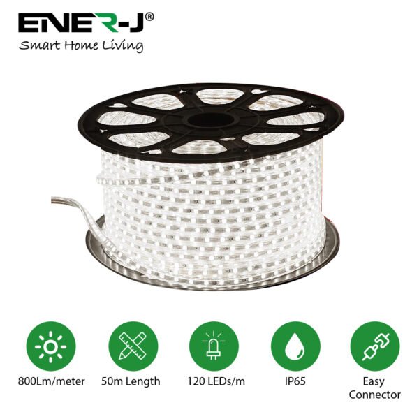 ENER-J LumiFlex Pro LED Rope Light — White, 50M Roll, 120 LEDs/m, 1000 lm/m, IP65, No Driver Required (F202)