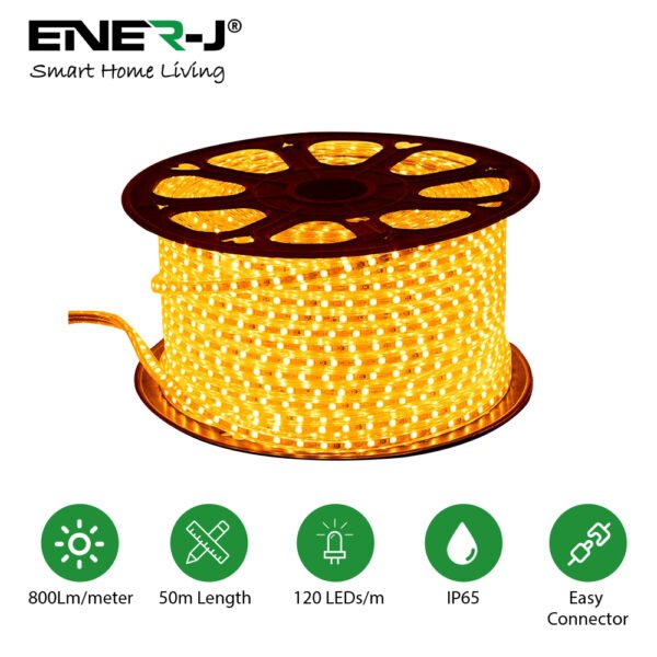 ENER-J LumiFlex Pro LED Rope Light — Amber Yellow, 50M Roll, 120 LEDs/m, IP65, No Driver Required (F206)