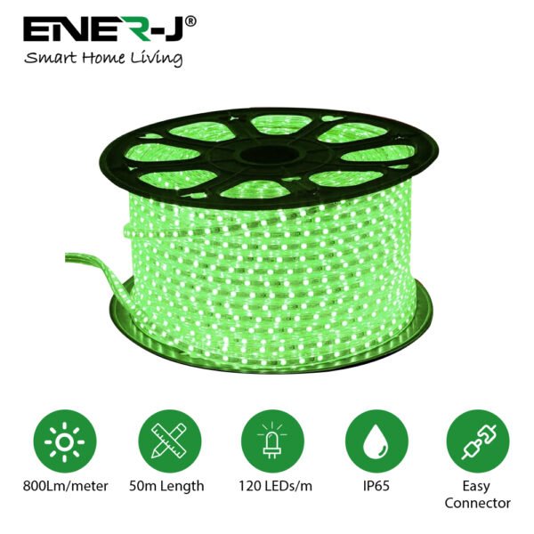 ENER-J LumiFlex Pro LED Rope Light — Green, 50M Roll, 120 LEDs/m, IP65, No Driver Required
