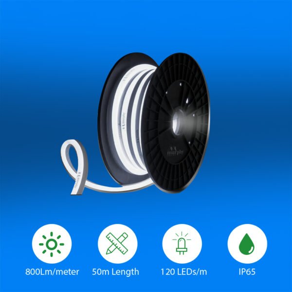 ENER-J LumiFlex Neo 12V Neon Flex — White, 50M Roll, Cut Every 2.5cm, Soft Milky Silicone, 120 LEDs/m, IP65