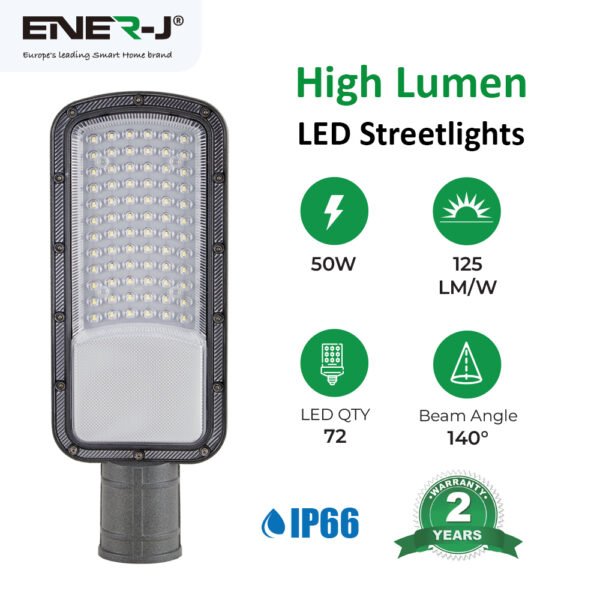 ENER-J 50W Slimline DOB LED Street Light — 6250 Lumens, 125 lm/W, Wide Voltage 175–400V, Pole Mount (F315)