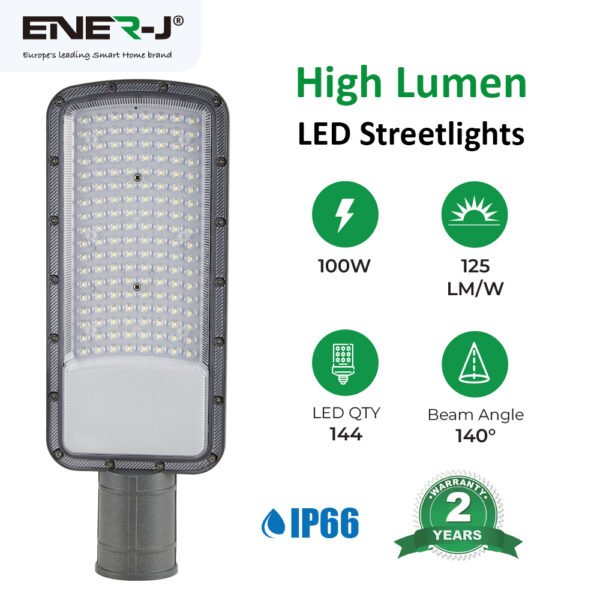 ENER-J 100W Slimline DOB LED Street Light — 12,500 Lumens, 125 lm/W, Wide Voltage 175–400V, Pole Mount