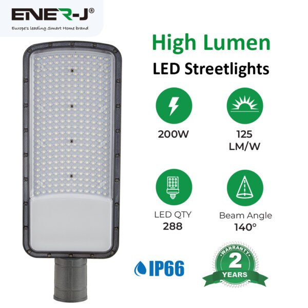 ENER-J 200W Slimline DOB LED Street Light — 25,000 Lumens, 125 lm/W, Wide Voltage 175–400V, φ60 Pole Mount