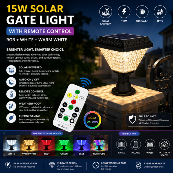 ENER-J 15W Solar Gate Light for Pillar — RGB + White + Warm White, IR Remote Control, IP65 Weatherproof