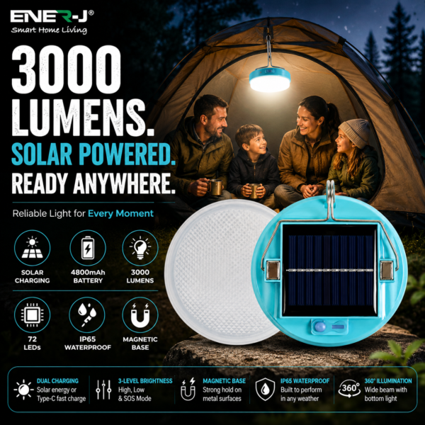ENER-J Solar LED Rechargeable Camping Lantern — 3000 Lumens, 4800mAh, Type-C & Solar Dual Charging, IP65 Waterproof