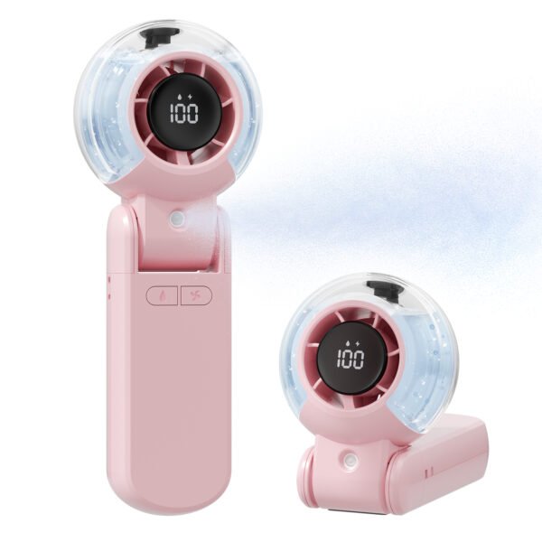 ENER-J KW60 Portable Handheld Fan with Mist Spray — 4000mAh, 5-Speed, 190° Tilt, Pink