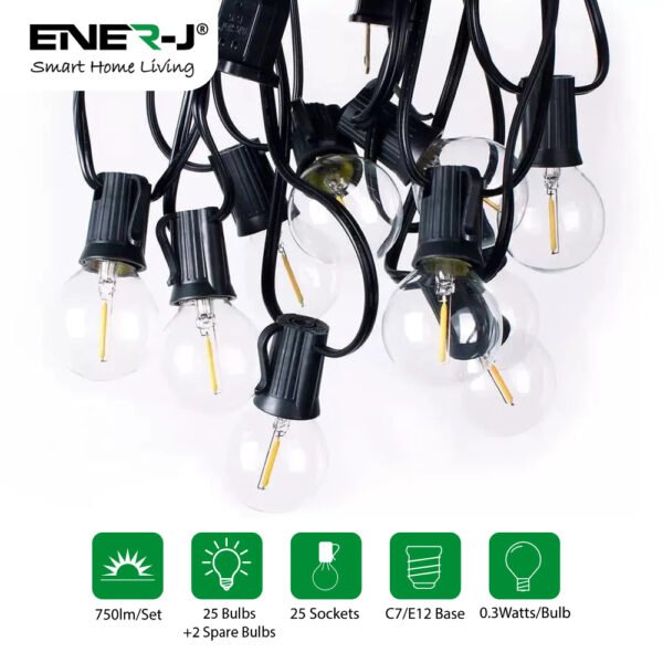 ENER-J Solar String Lights for Garden — 7.6m, 25 G40 LED Filament Bulbs, 4400mAh, Solar + USB, IP64