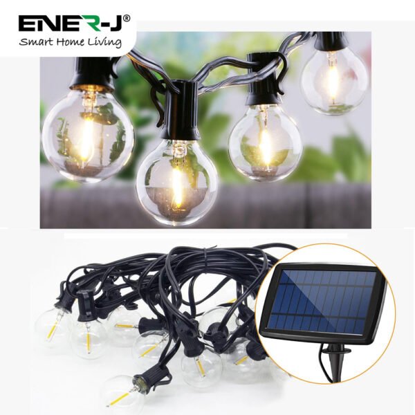 ENER-J Solar String Lights for Garden — 7.6m, 25 G40 LED Filament Bulbs, 4400mAh, Solar + USB, IP64