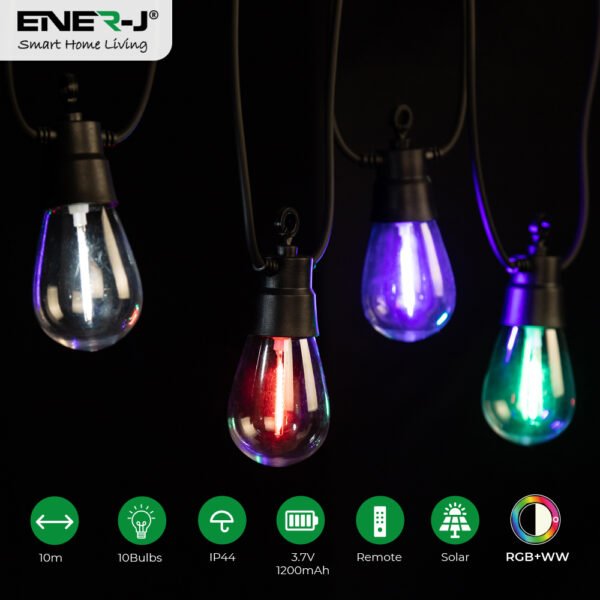 Solar String Lights for Outdoor — RGB+Warm White, 10M, 10 S14 Bulbs, Remote Control, IP44