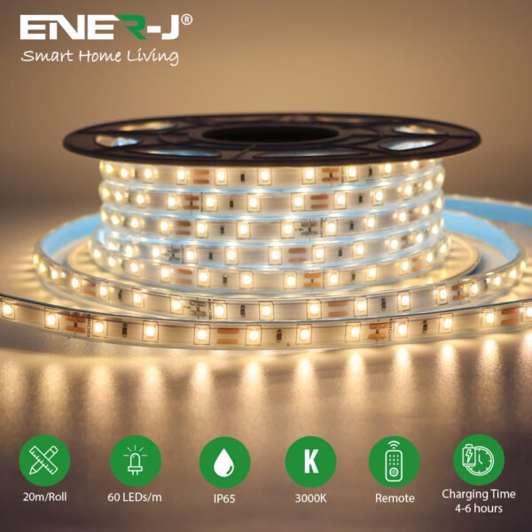ENER-J 20m Solar LED Rope Light — IP65 Waterproof, 3000K Warm White, Remote, LiFePO4 Battery (T477)