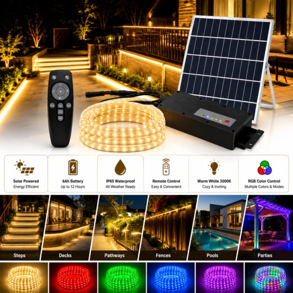 ENER-J 20m Solar LED Rope Light — IP65 Waterproof, 3000K Warm White, Remote, LiFePO4 Battery (T477)