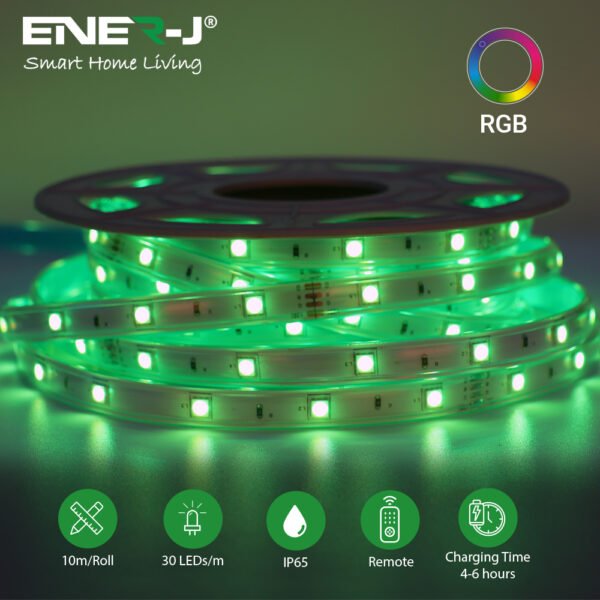 ENER-J 10m Solar LED Strip Light — RGB, SMD5050, 6Ah Battery, Remote Control, IP65 Waterproof