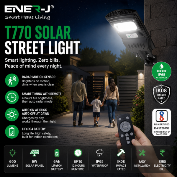 ENER-J Solar Street Light for Home — 600 Lumens, Radar Motion Sensor, Remote Control, IP65, BIS Certified