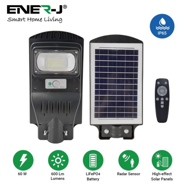 ENER-J Solar Street Light for Home — 600 Lumens, Radar Motion Sensor, Remote Control, IP65, BIS Certified