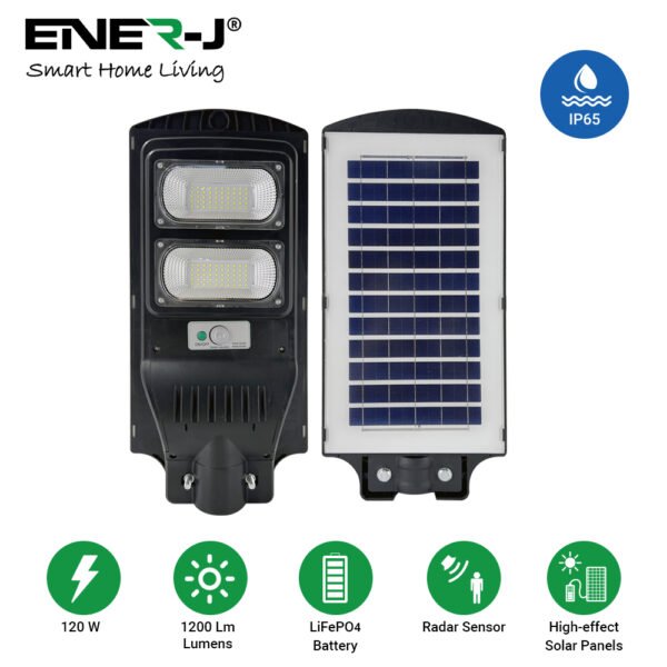 ENER-J Solar Street Light for Outdoor — 1200 Lumens, 96 LED, Radar Motion Sensor, Remote, IP65, BIS Certified (T771)