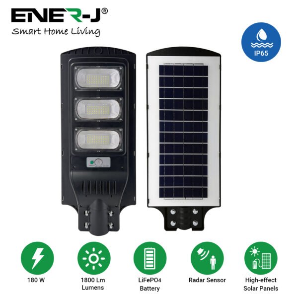 ENER-J High Power Solar Street Light — 1800 Lumens, 144 LED, 12Ah Battery, Radar Motion Sensor, BIS Certified (T772)