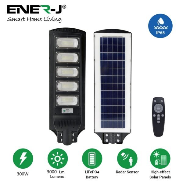 ENER-J Solar Street Light — 3000 Lumens, 240 LED, 20Ah Battery, Radar Motion Sensor, Remote, IP65 (T774)