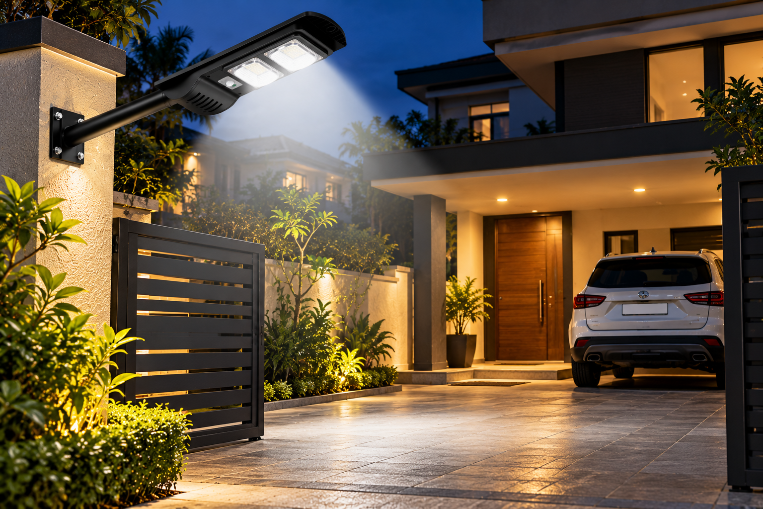 ENER-J solar light at a home entrance at dusk