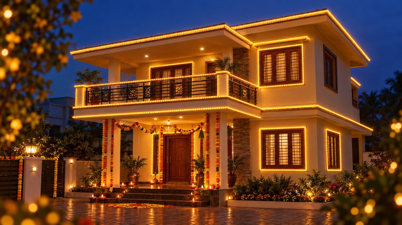 House outlined with amber LED rope light for Diwali