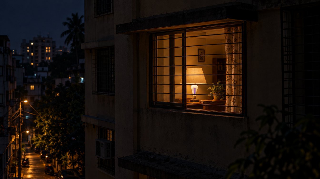 Lit window with an inverter bulb in a dark Indian apartment building at night