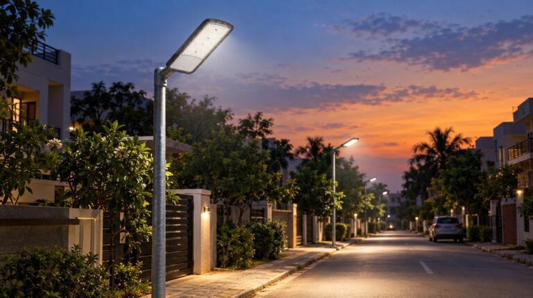 Solar street light on an Indian residential road at dusk