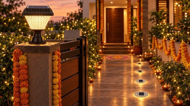 Indian home entrance with solar gate light, pathway lights and marigold garlands for Diwali