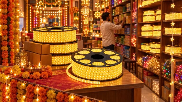 Indian lighting shop stocked with amber LED rope lights and festive string lights before Diwali