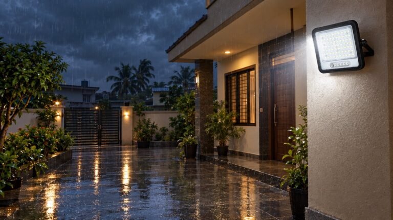 Solar floodlight lighting a wet courtyard of an Indian home during monsoon rain