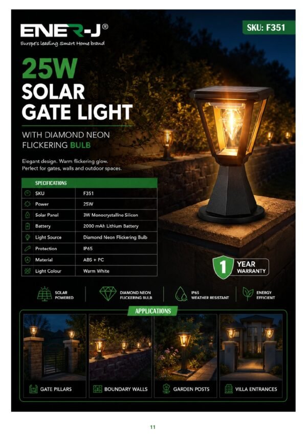 ENER-J 25W Solar Gate Light with Diamond Neon Flickering Bulb — 3W Panel, 2000mAh, Warm White, IP65 - ENER-J India