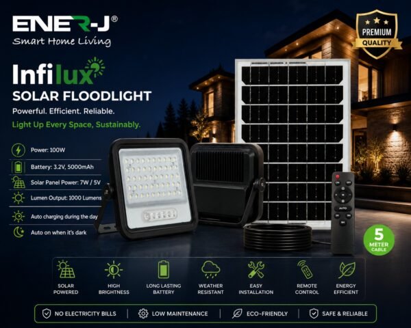 ENER-J 100W Infilux Solar Floodlight F355 — specifications infographic ENER-J 100W Solar Floodlight with Remote - ENER-J India