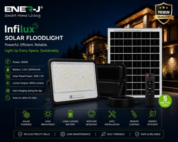 ENER-J 400W Infilux Solar Floodlight F358 — specifications infographic ENER-J 400W Solar Floodlight with Remote - ENER-J India