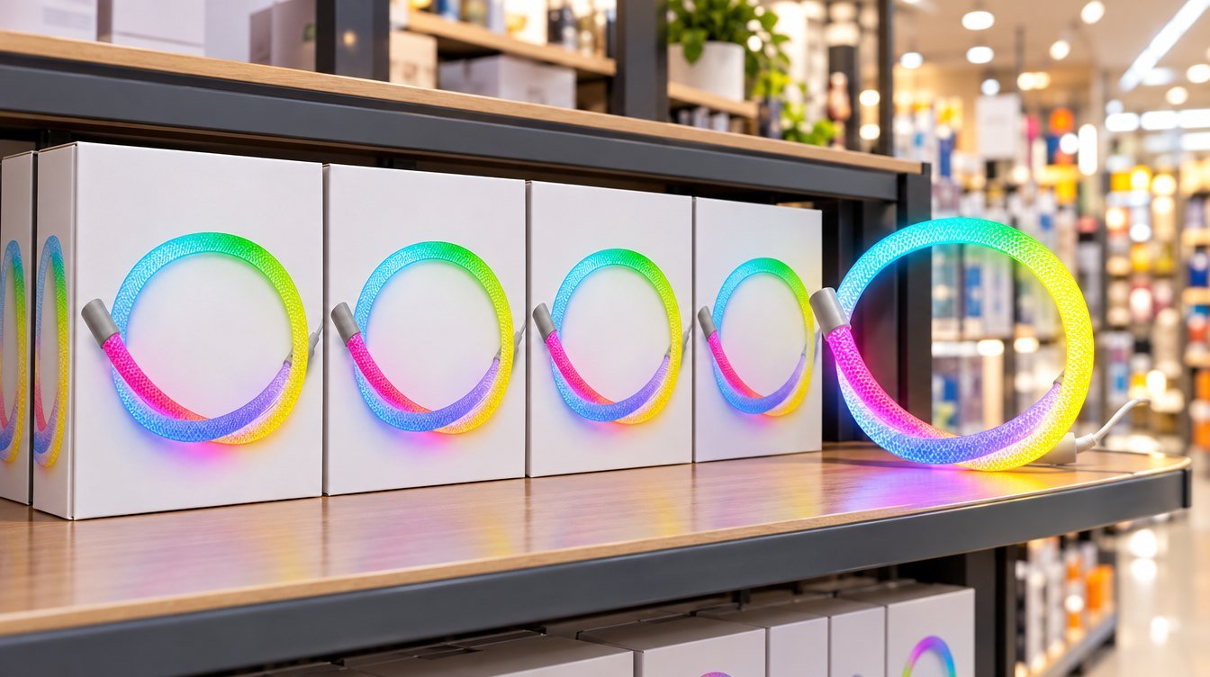 Colourful LED neon rope lights on a retail shelf display
