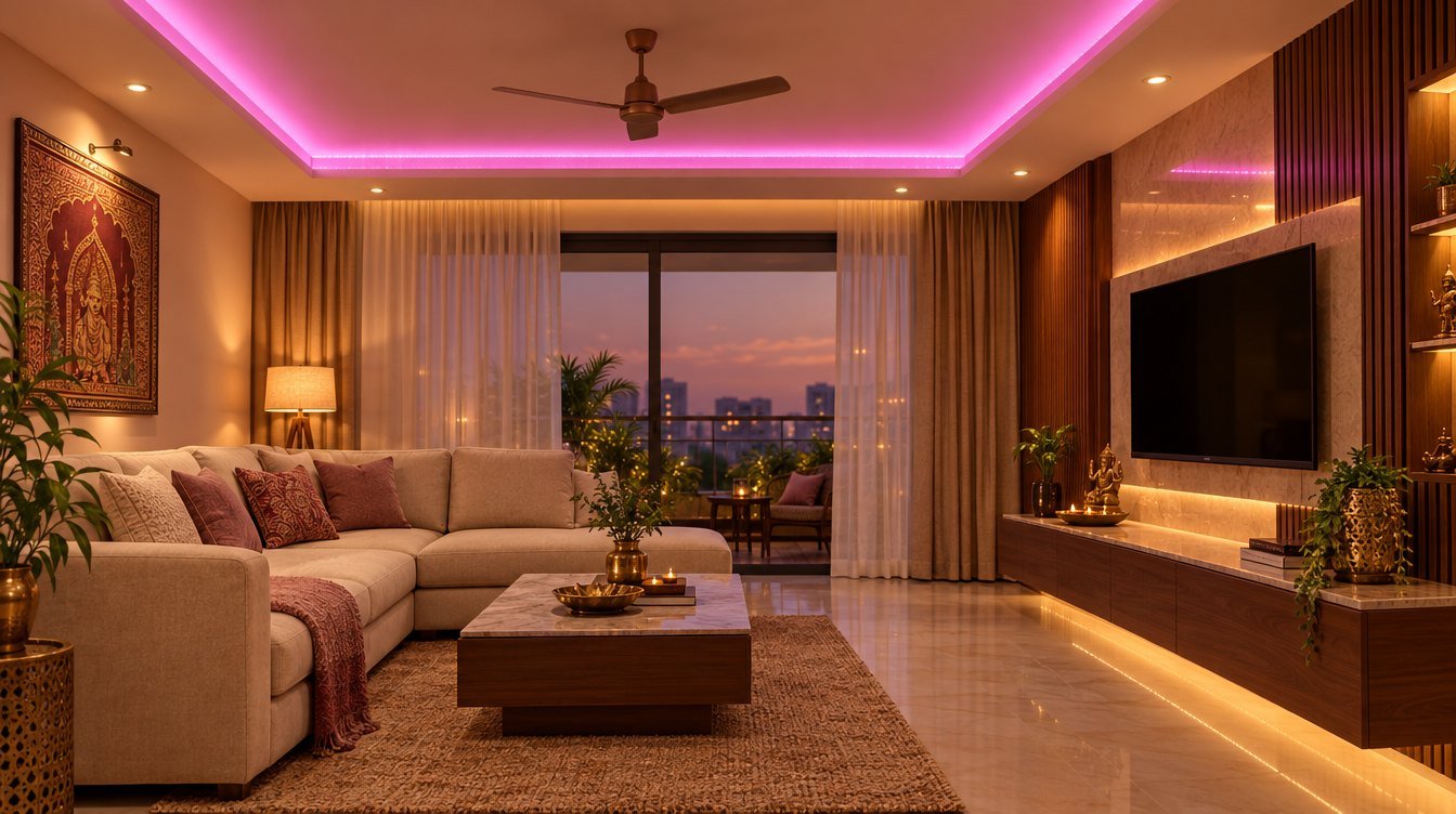 LED cove lighting glowing in a modern Indian living room