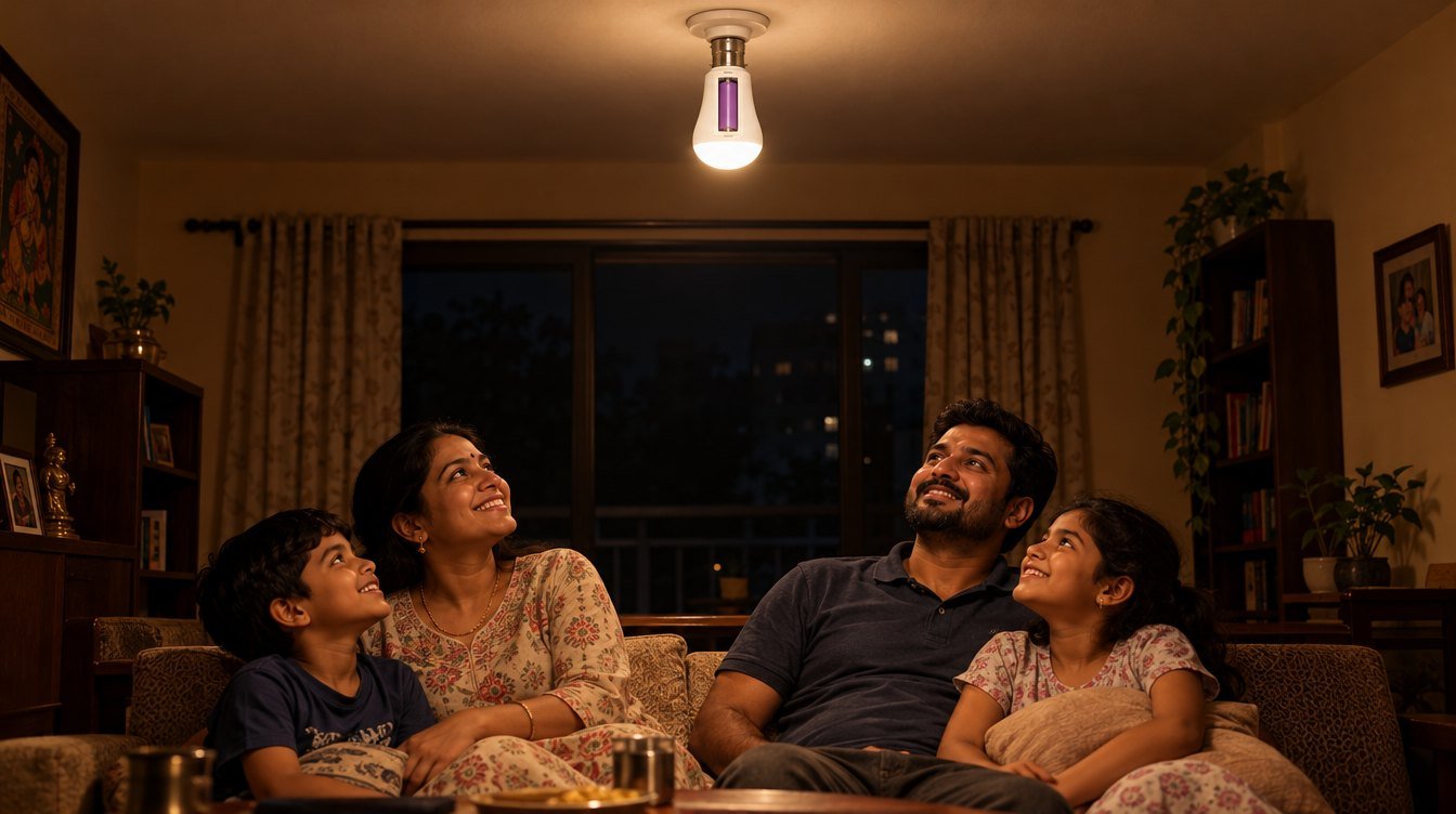 Inverter LED bulb glowing in an Indian living room during a power cut