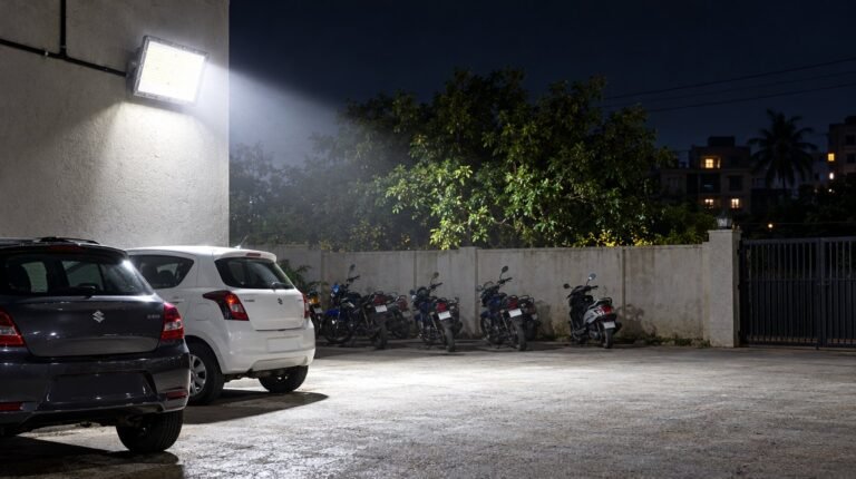 LED floodlight lighting an Indian parking yard at night