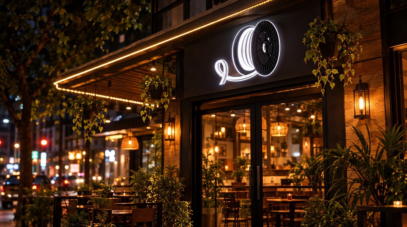 LED neon flex sign and rope lights at an Indian cafe entrance at night