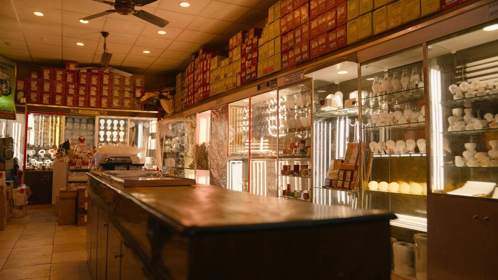 Indian lighting retail shop stocked with LED bulbs and strip lights
