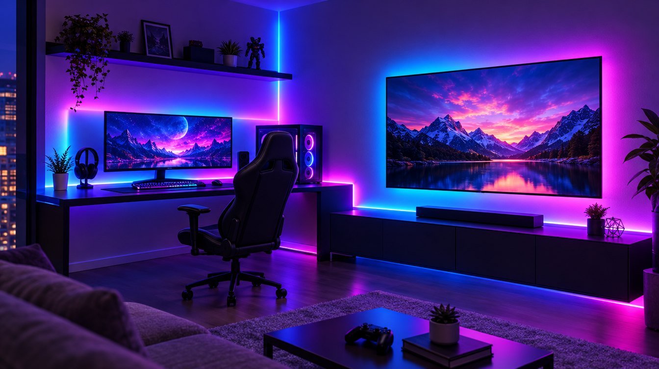 RGBIC LED strip lights in a gaming room with a purple and blue gradient