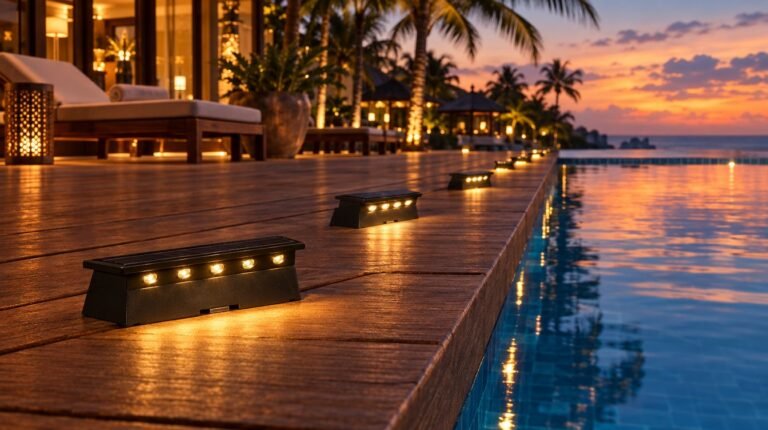 Solar deck lights set into a resort pool deck at sunset