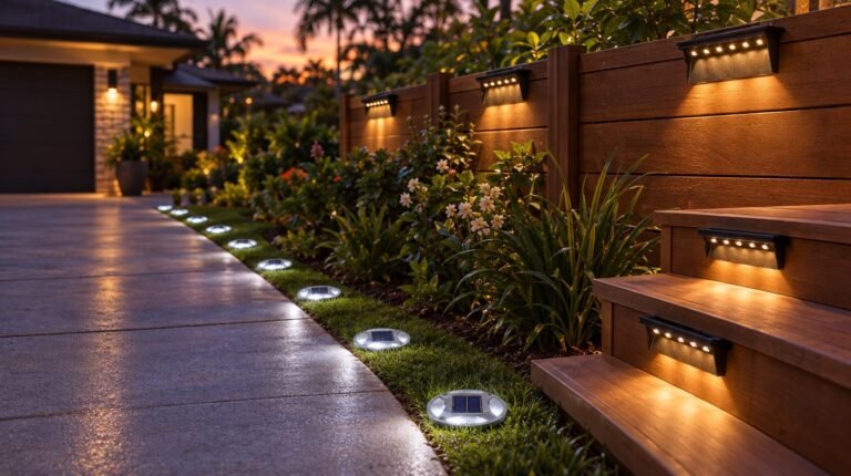 Solar pathway lights along a driveway and solar deck lights on garden steps at dusk