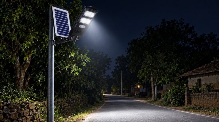 Solar street light on a pole lighting a village road at night