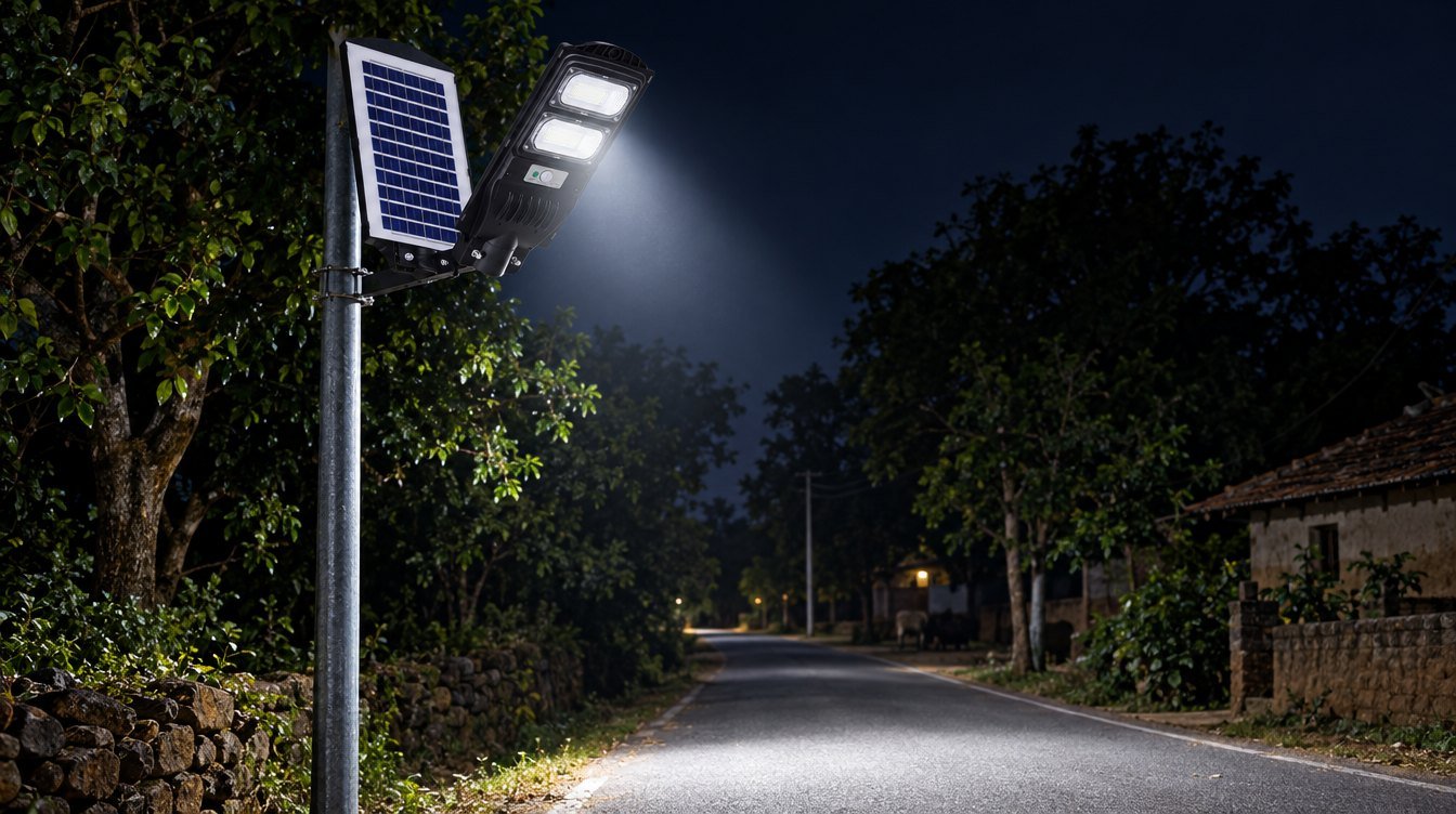 Solar street light on a pole lighting a village road at night