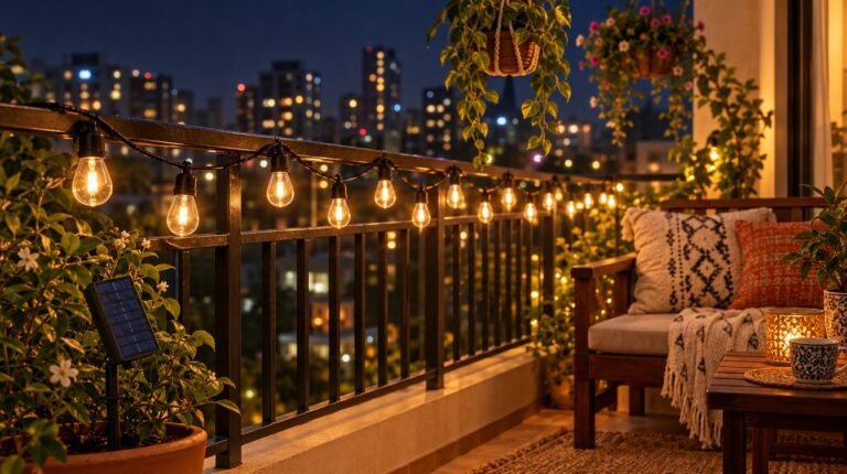 Solar string lights glowing along a balcony railway at night in an Indian apartment