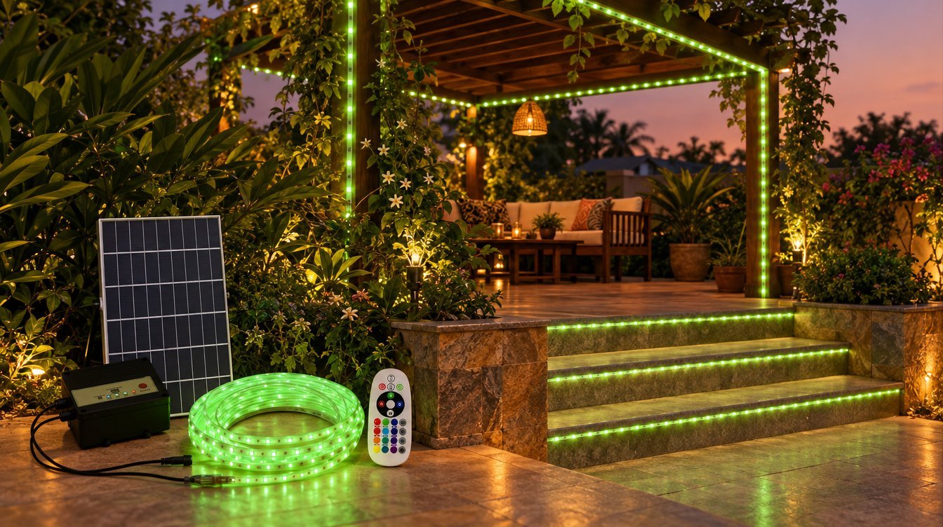 Solar LED strip lights along a garden pergola and steps at dusk