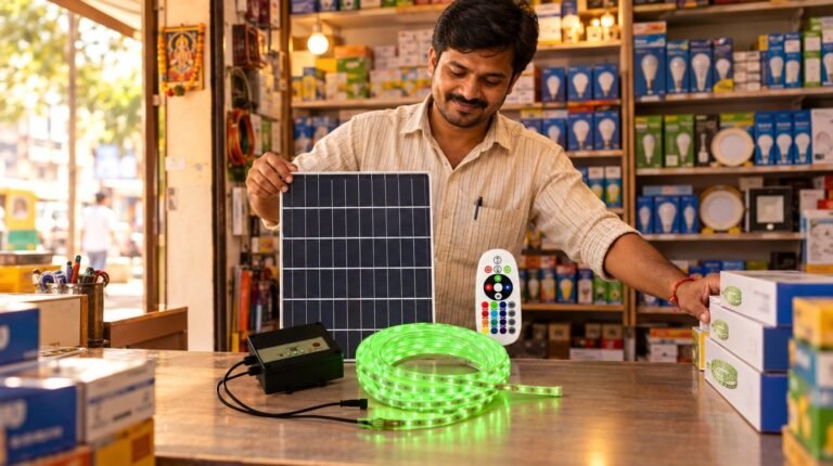 Indian lighting shop counter with solar strip lights and LED bulbs