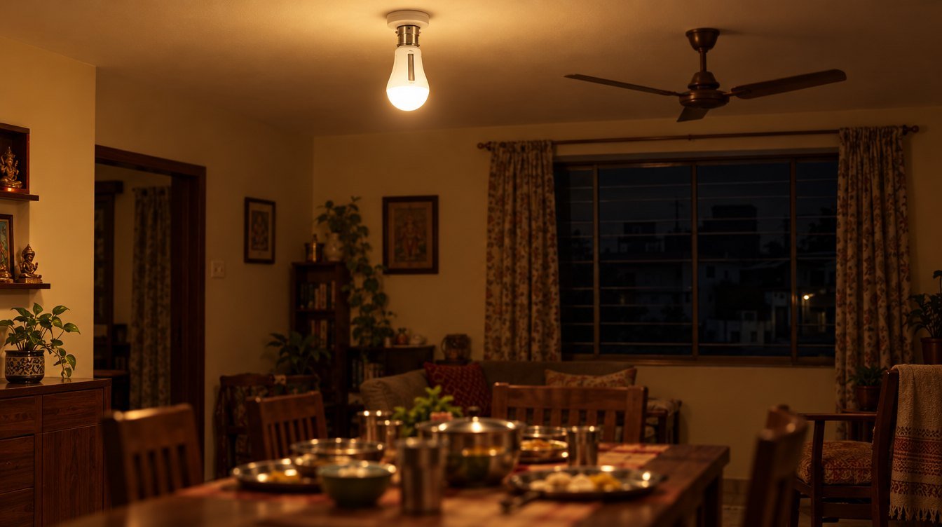 Living room lit by an inverter bulb during a power cut